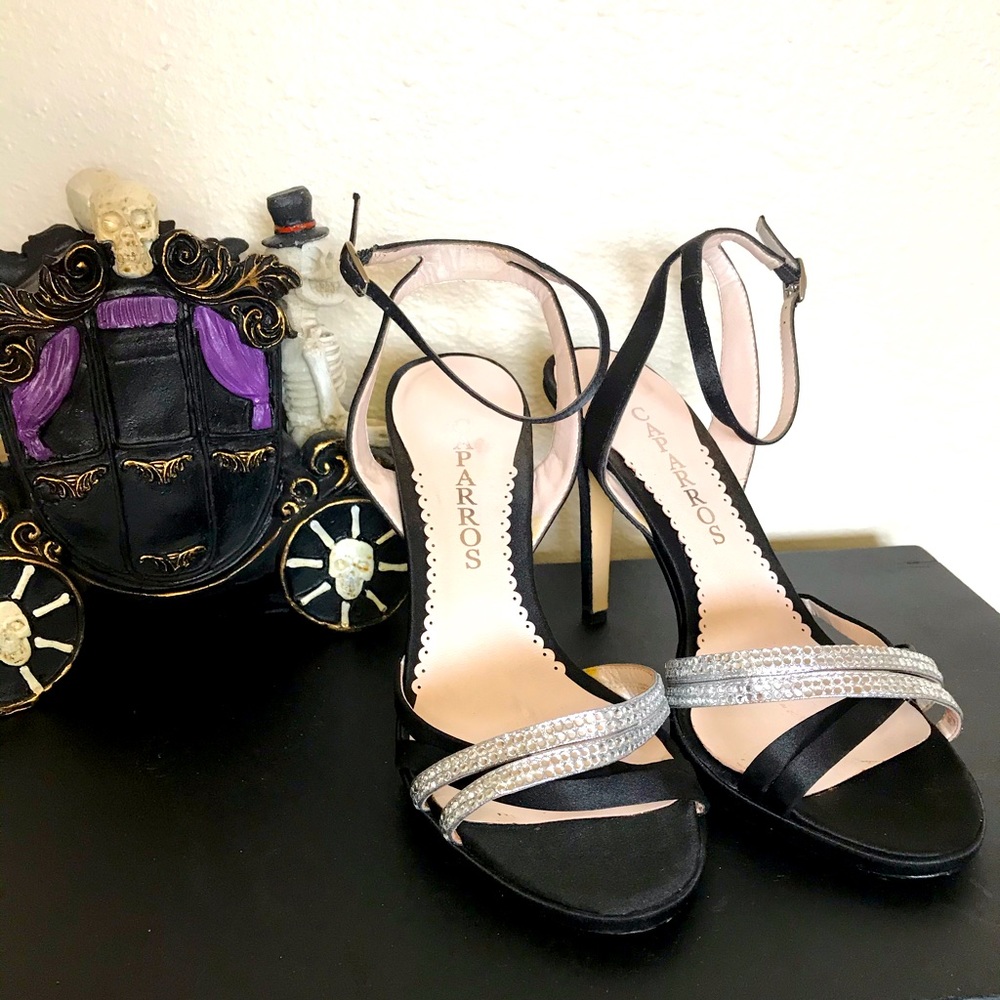 BLACK SATIN FANCY HEELS WITH SILVER STONES